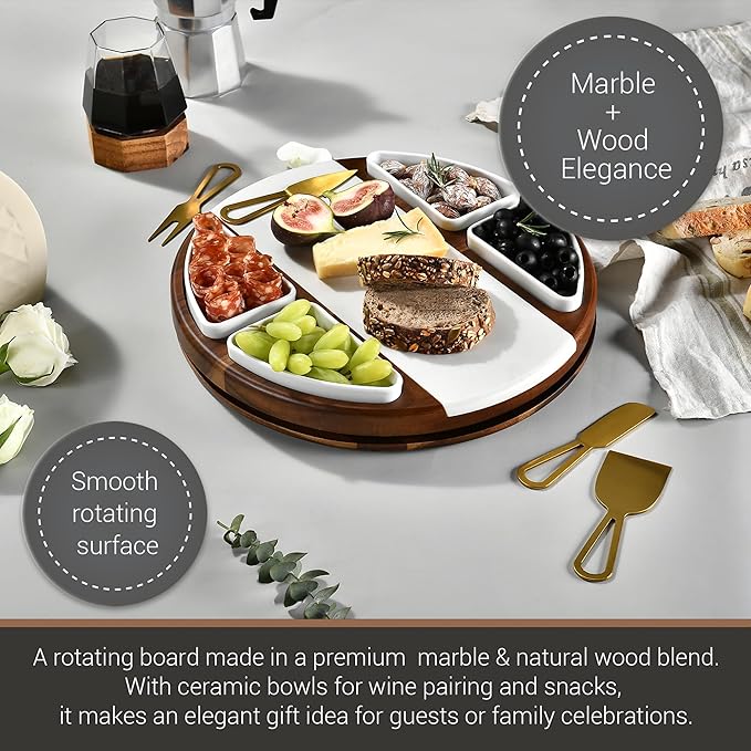 Shanik Upgraded Lazy Susan Cheese Cutting Board Set - Round Acacia Charcuterie Board With 4 Ceramic Bowls - Wedding Gifts - Cheese Serving Platter - Bridal Shower