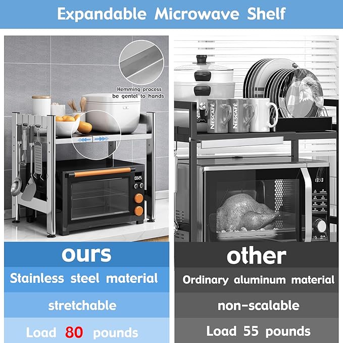 Extendable Microwave Oven Rack，Adjustable Microwave Stand Kitchen Counter Shelf Kitchen Utensils Storage, Stainless Steel 2-Tier Over Microwave Shelf Countertop Organizing Rack with 4 Hooks（S）