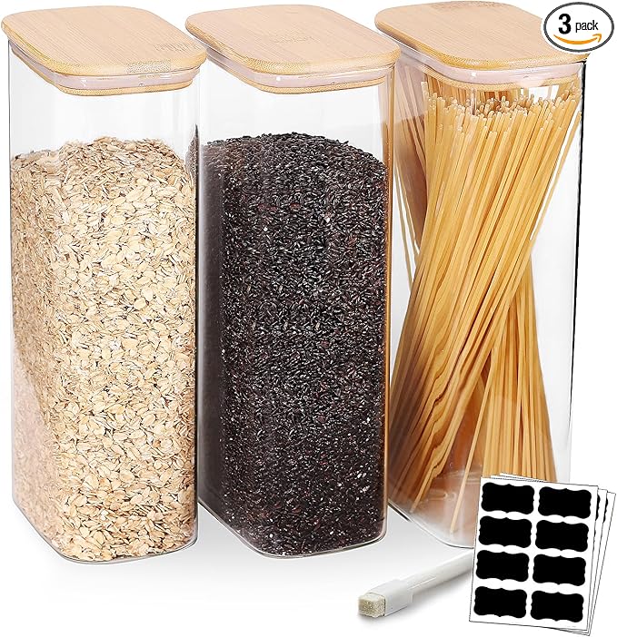 68oz Glass Storage Containers Set of 3 with Lids, Ideal for Pasta, Pickles, Rice, Chia Pudding, Coffee, Spices, Snacks - Tall Jars, Yogurt & Meal Prep Containers for Kitchen Organization