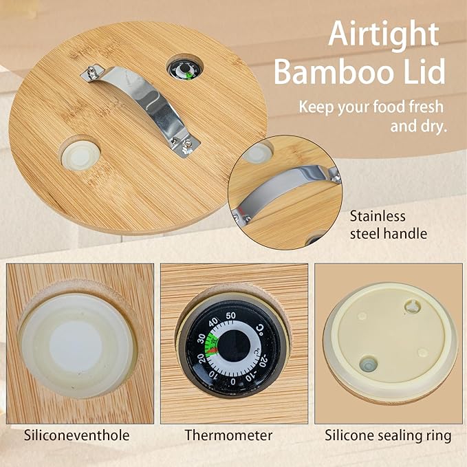 Rice Dispenser, Rice Storage Container, Flour and Cereal Container for Kitchen Organization and Pantry Store, Glass Cereal dispenser with Airtight Lid and Wooden Stand 5L