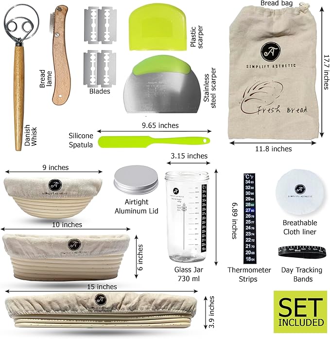 Premium Banneton Bread Proofing Basket - A Complete Sourdough Bread Baking Kit - Bread Baking Supplies - Sourdough Starter Jar Kit
