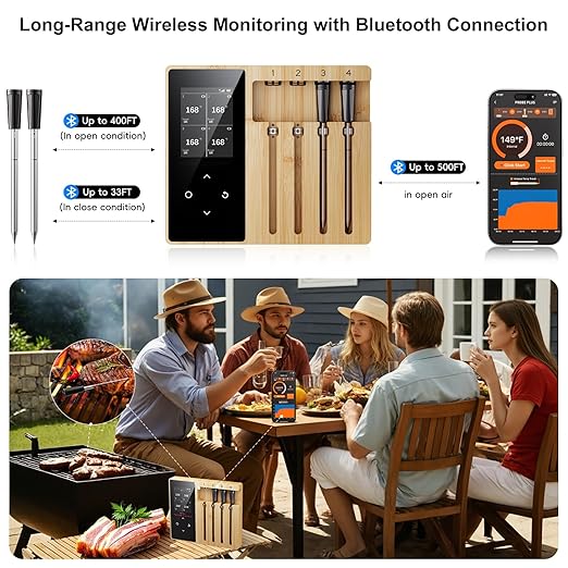 4 Probes Wireless Meat Thermometer, Bluetooth Digital Food Thermometer for BBQ, Grill, Oven, Smoker, Long Range and Rechargeable Base with Real-time Alerts, Cooking Gifts for Men