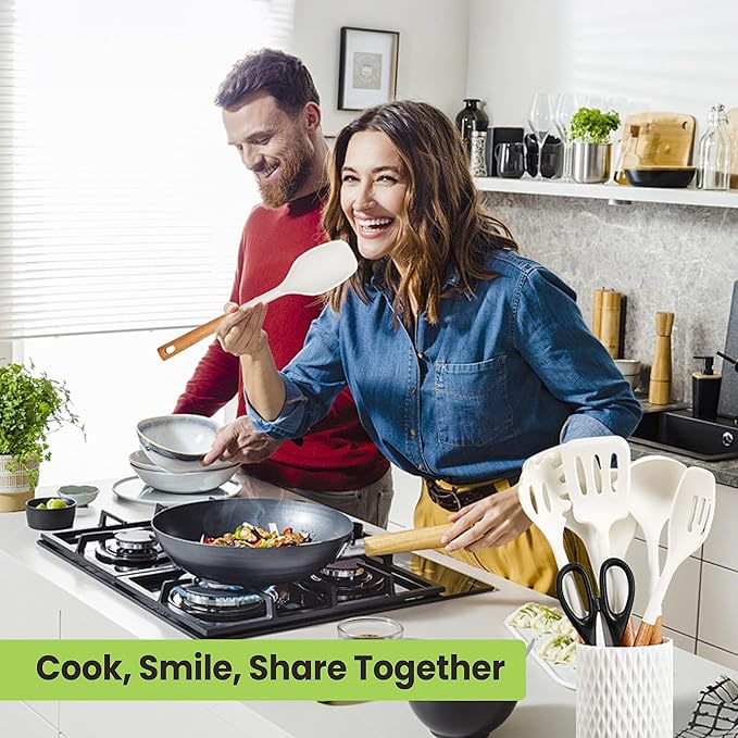 Large Silicone Cooking Utensils Set 7 Pcs, Wooden Handles Heat Resistant Spatula Set, Food Grade Silicone Kitchen Utensils Set with Holder, Gadgets BPA Free for Non-Stick Cookware