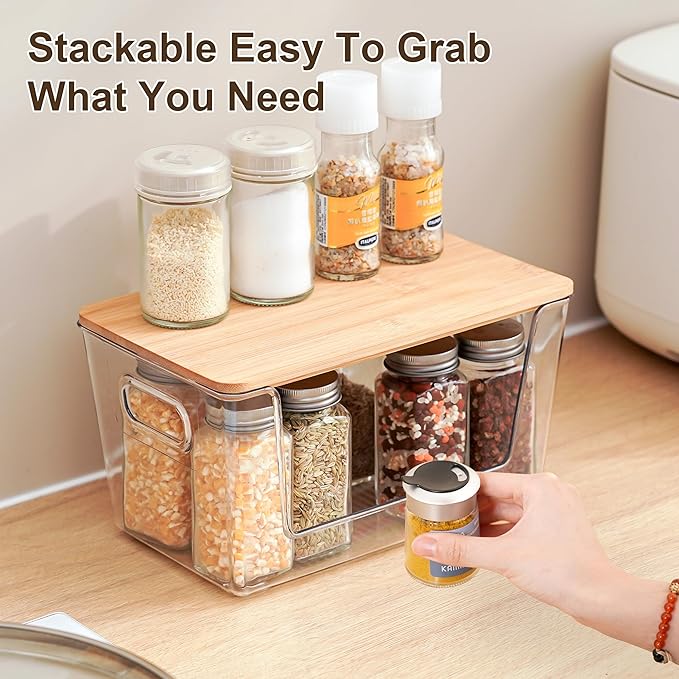 Citylife 2 PCS Small Stackable Storage with Bamboo Top Acrylic Trash Bag Dispenser Open Laundry Room Organizer with Handle