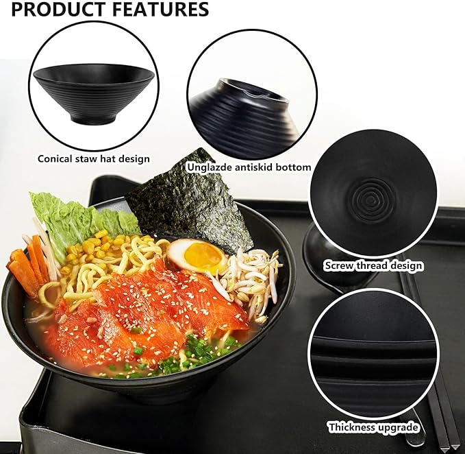 Set of 4 Ramen Bowl Set, Melamine Large Japanese Style Noodle Soup Bowls Set with Spoons and Chopsticks for Ramen, Pho, Noodles, Asian Dishes Black,Large Bowl for Adults| Dishwasher Safe (Black 8.7in)