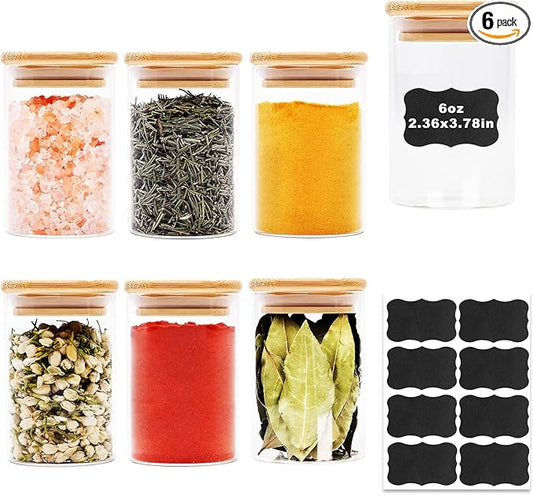 6oz Glass Food Storage Jars, Glass Jars with Bamboo Lids, Kitchen Storage Jars, Set of 6, Canisters with Airtight Lids for Spice, Coffee, Cookie, Pantry Organizers