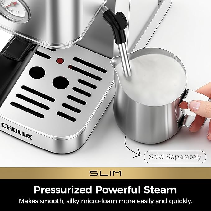 CHULUX Slim Espresso Machine with Milk Frother Steam Wand, 20 Bar Professional Italian Pump Espresso Coffee Machine for Home Cappuccino & Latte Maker, Silver