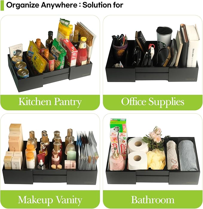 Expandable Kitchen Cabinet Organizer for Food Storage Container Lids, Bamboo Drawer Caddy Adjustable Dividers, Box for Kitchen Storage and Organization, Lids Organizer for Cabinet (Black)