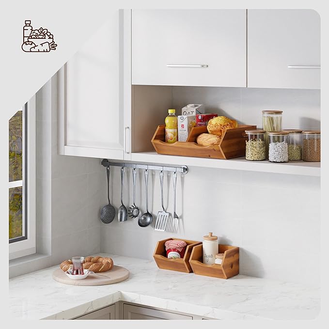 HOLANA Onion and Potato Storage Bins - Acacia Wood Pantry Baskets Organization and Storage - Wooden Stackable Baskets for Bread, Fruit, Vegetable - Onion Basket for Kitchen Counter (Patent Pending)