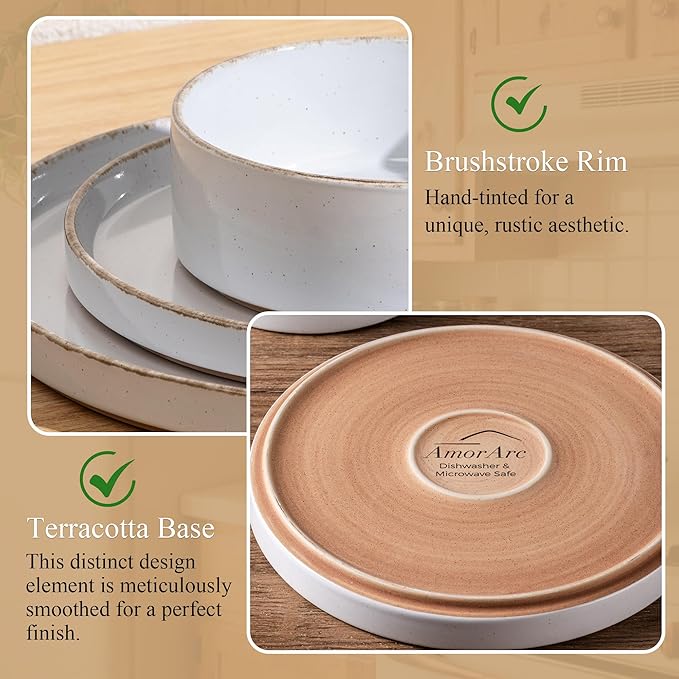 AmorArc Ceramic Dinnerware Sets for 6, 18 Pieces Handpainted Plates and Bowls Set with Rustic Terracotta Underside, Scratch Resistant Stoneware Dishes Set, Dishwasher & Microwave Safe