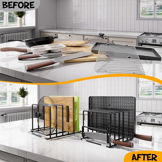 2 Pack Cutting Board Organizer and Pot Lid Holder, Kitchen Cabinet Organizer Rack with 7 & 5 Compartments, Heavy-Duty Iron Baking Sheet Pan Organizer with Non-Slip Base, Space-Saving Kitchen Storage