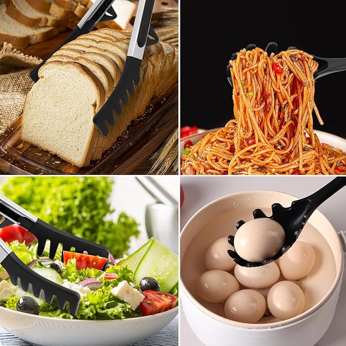 Upgraded Silicone Spaghetti Spoon and Pasta Tong Set – Sturdy Pasta Fork with Teeth, Noodle Spoon Server, and Multi-Purpose Tongs for Cooking and Serving
