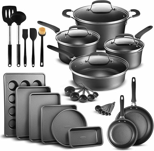 Pots and Pans Set, 23-Piece Non Stick Cookware & Bakeware Sets with Plaid Pattern, Stackable Design, Dishwasher Safe, Stain-resistant, Oven & All-Stove Safe, Tempered Glass Lid, Black