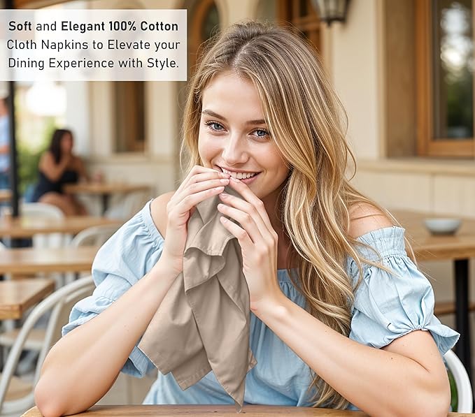 Ruvanti Cloth Napkins Set of 6, 18x18 Inches, 100% Cotton, Washable, Soft & Absorbent, Perfect for Wedding, Christmas, ‎Thanksgiving Dinners - Light Taupe