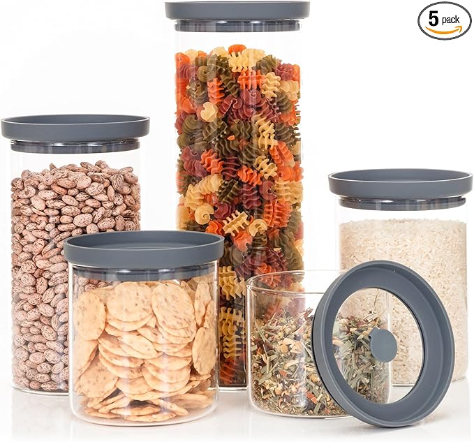 Glass Airtight Food Storage Containers with Silicone and Glass Lids – BPA-Free Jars and Canisters for Pasta Rice Flour, Dry or Wet Foods, Pantry Meal Prep – Set of 5 with Portion Tool