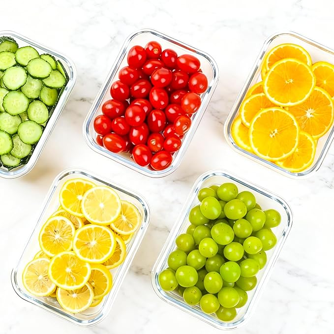 GEHE 5 Pack 36 Oz Glass Food Storage Containers with Lids, Glass Meal Prep Containers, Kitchen Airtight Lunch Storage Containers with Lids, Safe for Freezer, Oven, Dishwasher, BPA Free