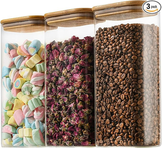 64oz Rectangle Airtight Glass Storage Containers with Bamboo Lids (Set of 3), Square Food Storage Jar, Pantry Organizers for Cereal, Flour, Pasta and Coffee beans (‎with Black Lable)