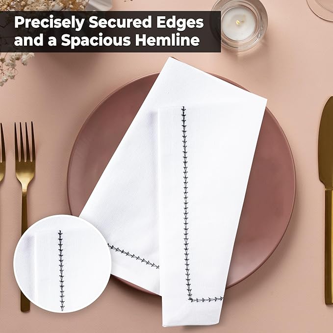Urban Villa Cloth Napkin Set of 6 Hemstitch White Black 20x20 Inches Premium Soft Cotton Highly Absorbent Reusable & Washable Dinner Table Napkins for Home and Weddings