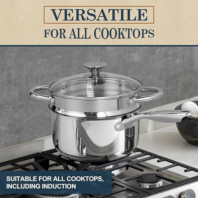 MICHELANGELO 3 Quart Saucepan with Lid & Steamer, Stainless Steel Sauce Pan with Triply Bottom, 3 QT Sauce Pot, Nonstick Saucepan Induction Compatible