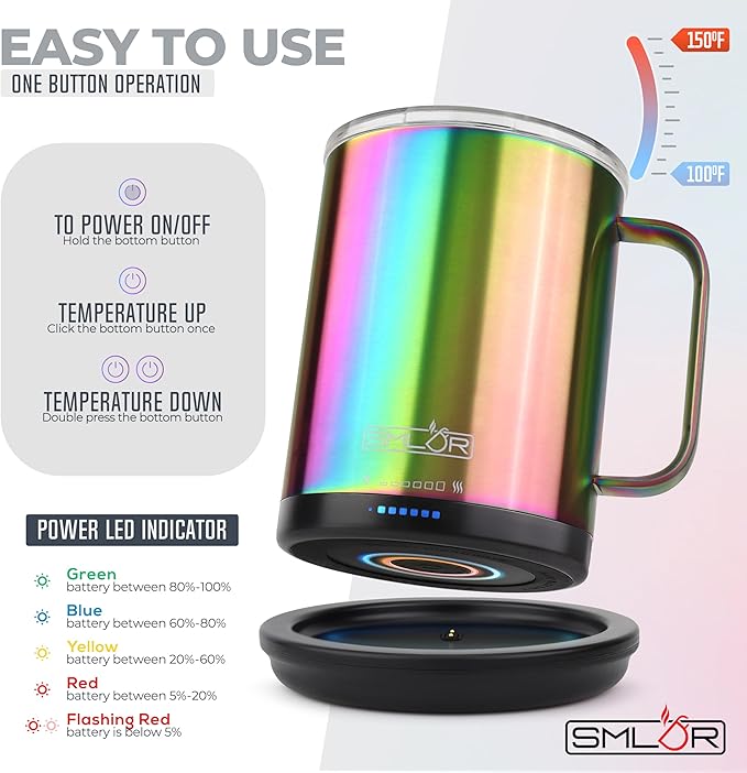 SMLDR Pro Heated Mug, 14 oz Smart Mug, Self-Heating, Adjustable Temperature, Battery Powered Heated Coffee Mug, Quick Recharge Time, Great for Coffee & Tea, Excellent Gift (Rainbow)