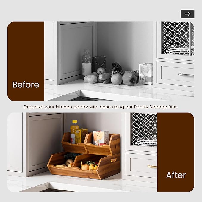 HOLANA Onion and Potato Storage Bins - Acacia Wood Pantry Baskets Organization and Storage - Wooden Stackable Baskets for Bread, Fruit, Vegetable - Onion Basket for Kitchen Counter (Patent Pending)