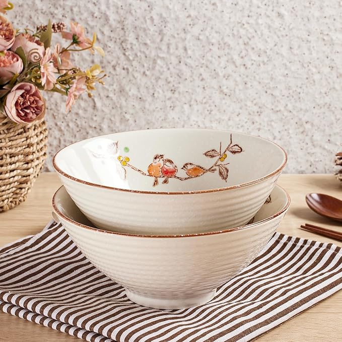 2 x 40 OZ ceramic ramen bowls, 8 IN large Japanese noodle soup bowl, match chopsticks and spoons, suitable for Pho, Udon Asian noodles (Flowers and birds 2 set)