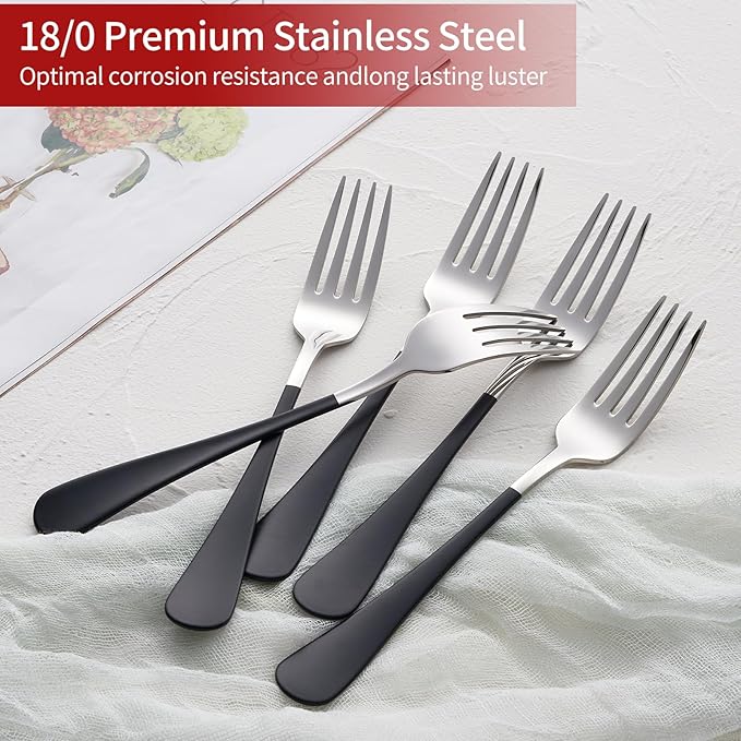 Black Dinner Fork, 18/0 Black handle Stainless Steel Satin Finish 8.1-inch Silverware Flatware Fork Set, Set of 12, Dishwasher Safe