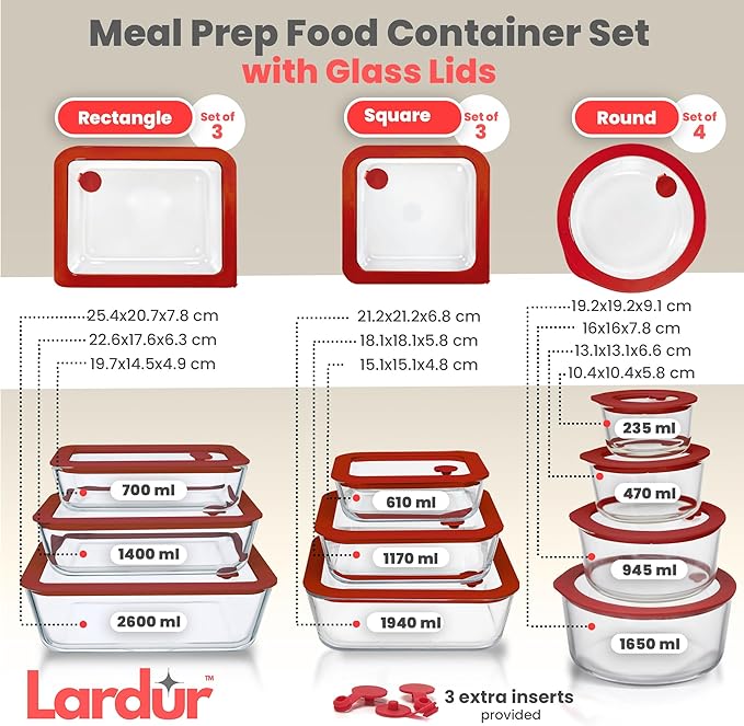 Glass Food Storage Containers with Glass Lids 3 Pack - Square Meal Prep Food Container Set with Airtight Lids - Microwave & Dishwasher Safe, 100% Plastic Free, Vented, Gift Packaged, Red Color