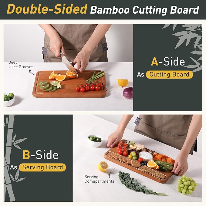 Bamboo Cutting Board for Kitchen Non Toxic Durable Wooden Cutting Boards with Deep Juice Grooves, Ideal Charcuterie Chopping Large for Meat Vegetables Fruits Cheese BBQ Ideal Kitchen Cool Unique Gifts