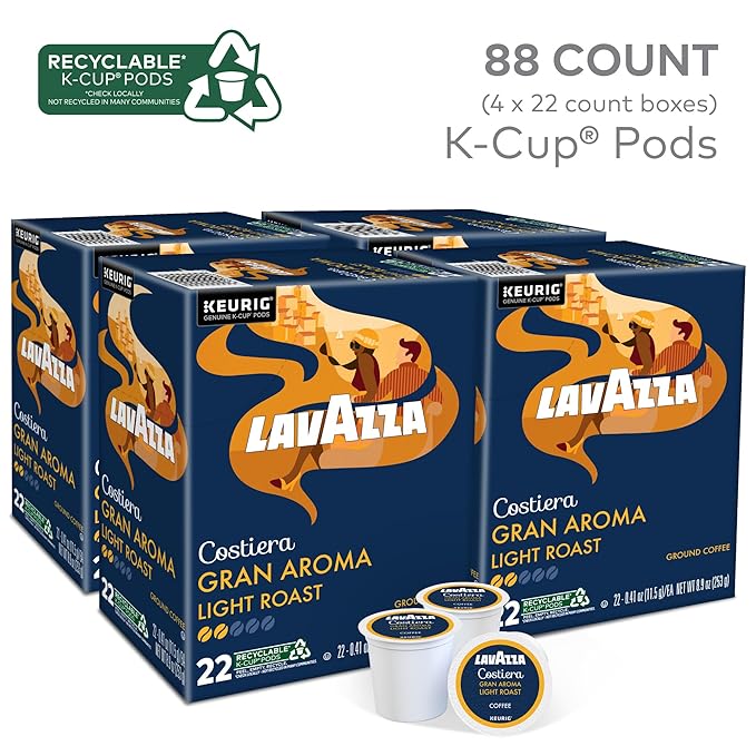 Lavazza Costiera Gran Aroma, Single-Serve Keurig K-Cup Pods, Light Roast Coffee, 88-Count Box (4 Packs of 22)