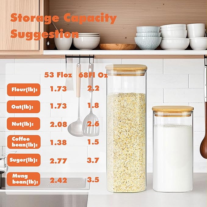 Glass Storage Containers with Airtight Bamboo Lids Set of 3,Pantry Food Glass Jar with Lid,Perfect for Kitchen Organization-Flour,Rice,Pasta,Sugar,Coffee Beans,Accessories Included (3 packs(68oz))