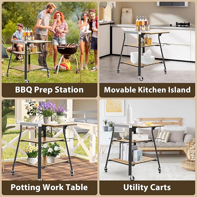 Pizza Oven Stand & Shelf for Solo Stove Pi Pizza Oven, Outrdoor XSKUNStand for Ninja Woodfire, Kitchen Table for Cooking with Stainless Steel Top, WPC Storage Shelves, Lockable 360° Swivel Wheels