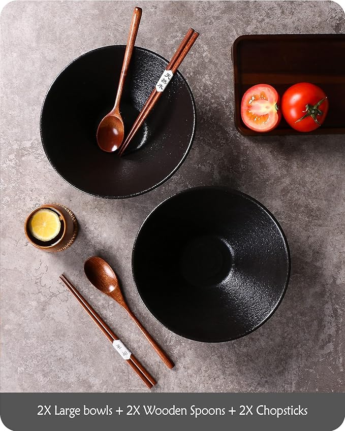Lareina Ceramic Japanese Ramen Bowls, 2 Sets (6 Piece) 60 Ounce, Large Noodle Soup Bowl with Matching Chopsticks and Spoons for Asian Pho Udon Soba, Matting Black