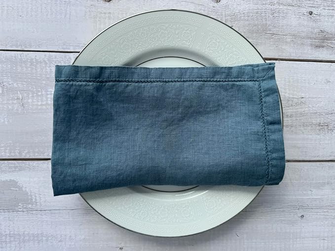 Hemstitched Linen Napkins – 20 Inch x 20 Inch – Stonewashed Pure Linen Cloth Dinner Napkins with Mitered Corners - 100% French Flax – Machine Washable - Set of 4 (Soft Teal Blue)
