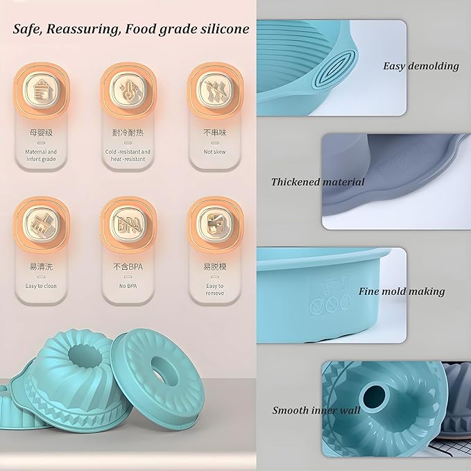 Thickened Silicone Bundt Cake Pan and Moldes Para Gelatinas, Heavy Duty Mousse Cake Rotundity Spiral Pattern Mold for Baking, BPA Free, Mint Green (Round: φ9in / 1 Pcs)