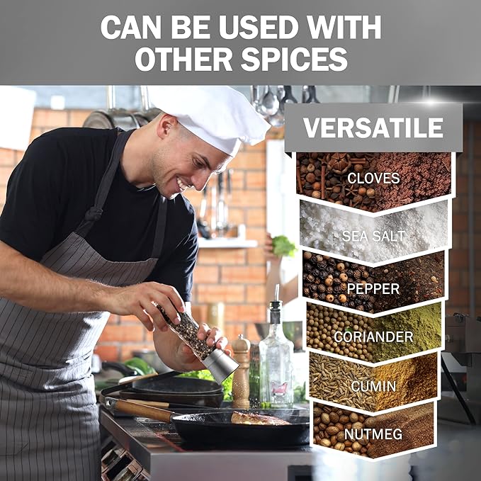 Home EC Original Stainless Steel Sea Salt and Pepper Grinder Set of 2 - Adjustable Ceramic Grinder - Diamond Pattern Glass - Salt and Pepper Shakers - Kitchen Spice Mill - Modern Kitchen Accessories