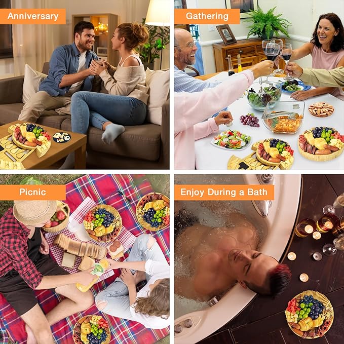 Charcuterie Board with Lid-Portable Bamboo Cheese Board Set,Travel Round Tray with Locking Lid for Picnic, Party Snacks, Wedding & Housewarming & Kitchen Gifts for Women