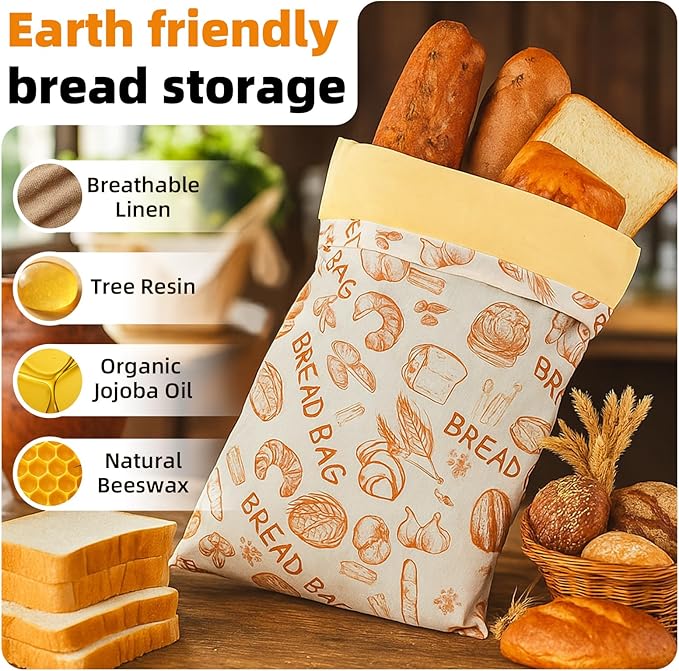 Reusable Linen Beeswax Bread Bags(2 Pack), Beeswax Bread Bags for Homemade Sourdough,Cotton Linen Food Storage Bag, Keeping Fresh and Refrigerable,12x17inch