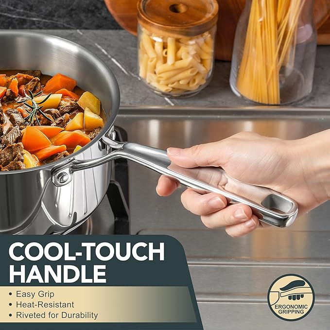 MICHELANGELO Stainless Steel Saucepan Set with Lid, Premium Triply Stainless Steel Sauce Pan with Cool Handle, Nonstick Sauce Pot Set for Kitchen Cooking, Induction Compatible, 1QT & 2QT & 3QT