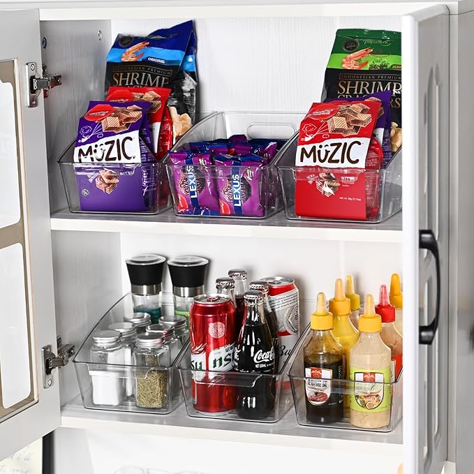 6 Pack Clear Pantry Organizer Storage Bins Removable Snack Organizer Plastic Cabinet Organizers Racks with 3 Dividers, Refrigerator Bins Kitchen Storage