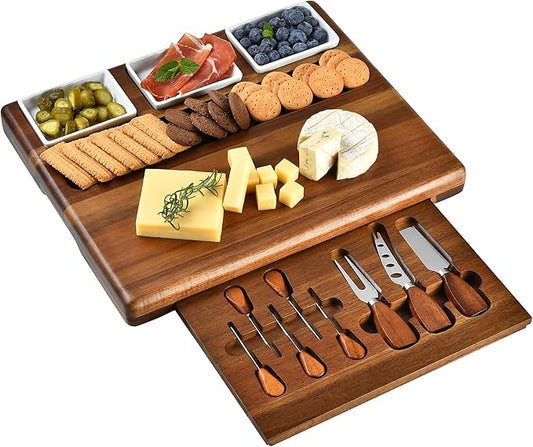 Shanik Large Acacia Wood Charcuterie Board Set with 3 Removable Ceramic Bowls & Serving Utensils - Housewarming, Wedding, Bridal Shower, Home and Kitchen, New Home Gift Ideas for Women, Gifts for Her