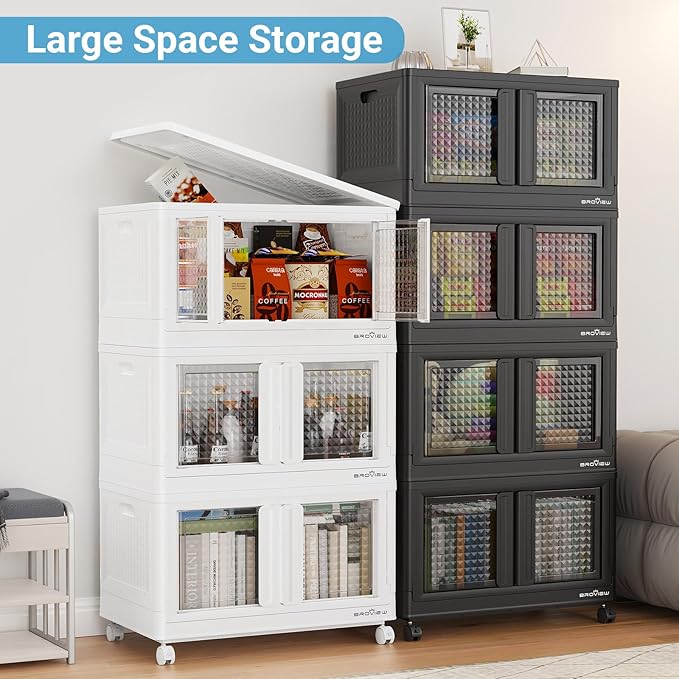 BROVIEW 400Qt Stackable Storage Bins with Lids, 100Gal Closet Organizers and Storage Drawer, Plastic Collapsible Storage Bins with Doors, Heavy Duty Store Box Cabinet for Home Kitchen, 4Pack White