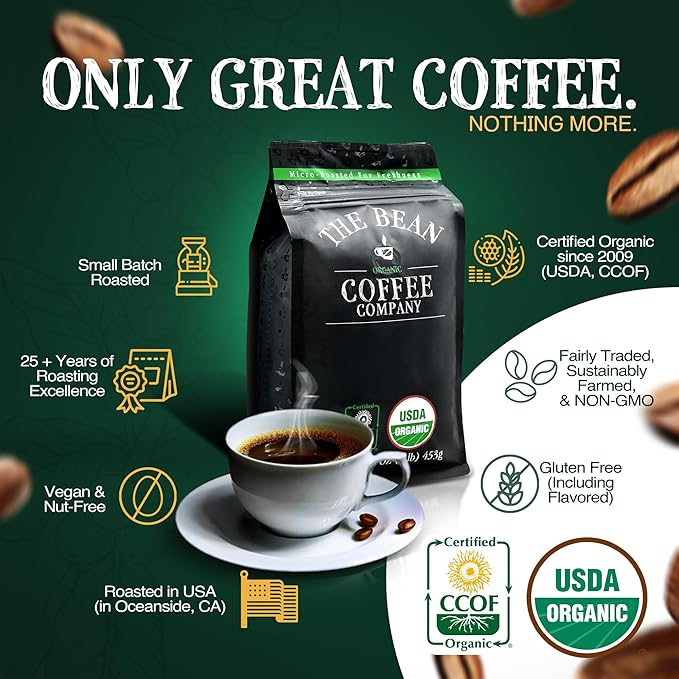 The Bean Organic Coffee Company Premium Espresso, Dark Roast, Ground Coffee, 5-Pound Bag, Café molido tostado orgánico