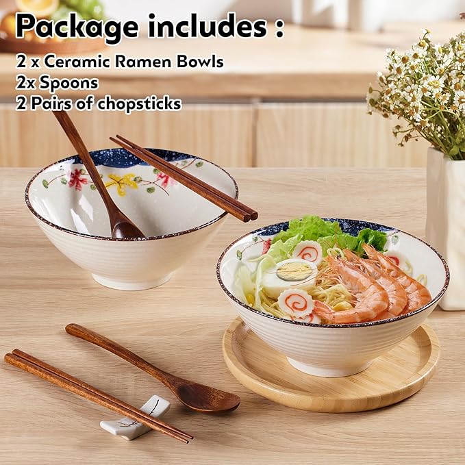 2 x 40 OZ ceramic ramen bowls, 8 IN large Japanese noodle soup bowl, match chopsticks and spoons, suitable for Pho, Udon Asian noodles (Colorful flowers 2 set)