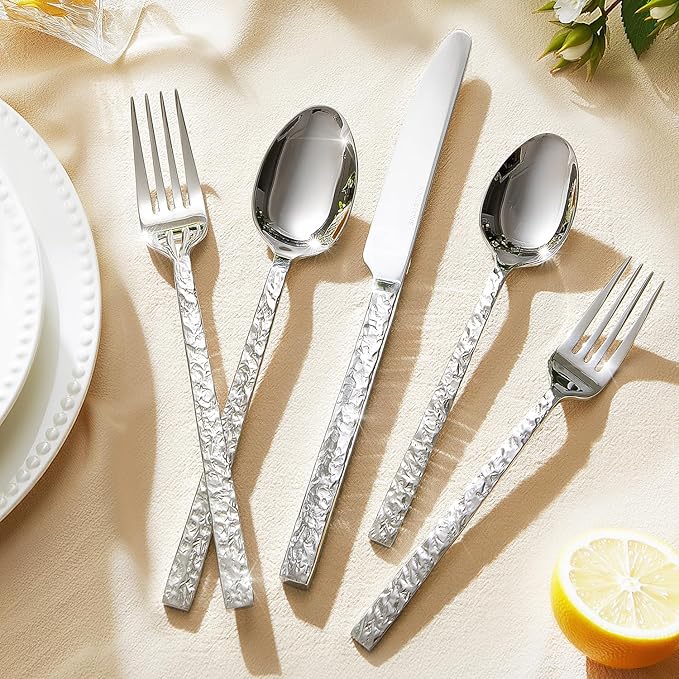 KINGSTONE 20 Pcs Hammered Silverware Set for 4, 18/10 Stainless Steel Heavy Duty Flatware Set, Tableware Cutlery Utensil Sets for Home Restaurant Dishwasher Safe