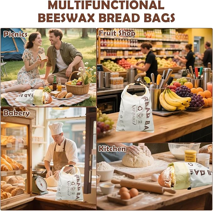 2 Pack Beeswax Bread Bags for Homemade Sourdough,Cotton Beeswax Bags for Bread Storage,Reusable Food Storage Bag For Keeping Fresh(White,13x17in)