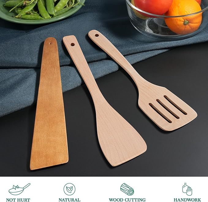 3Pcs Wooden Spatulas, 12inch Long Handle Slotted Turner Spatula Set, Uncoated Beech Wood Cooking Spoons for Non-Stick Cookware, Kitchen Utensils Set for Frying, Flipping, Scraping and Turning