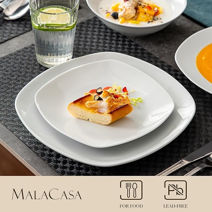 MALACASA Dinnerware Sets, 24-Piece Porcelain Square Dishes, Grey White Ceramic Dish Set for 6, Chip and Scratch Resistant Plates and Bowls Sets, Series ELISA