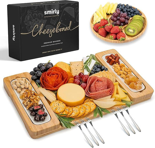 SMIRLY Charcuterie Boards Set - Large Bamboo Cheese Board Set - House Warming Gifts New Home, Wedding Gift for Couple, Bridal Shower Gift, Birthday Gifts for Women