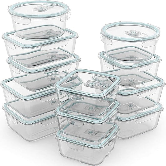 Razab 24 Pc Airtight Glass Food Storage Containers - Glass Meal Prep Containers - Freezer to Oven Safe - Steam Release Valve BPA Free - Airtight Bento Boxes - Leak Proof (12 lids & 12 Containers)